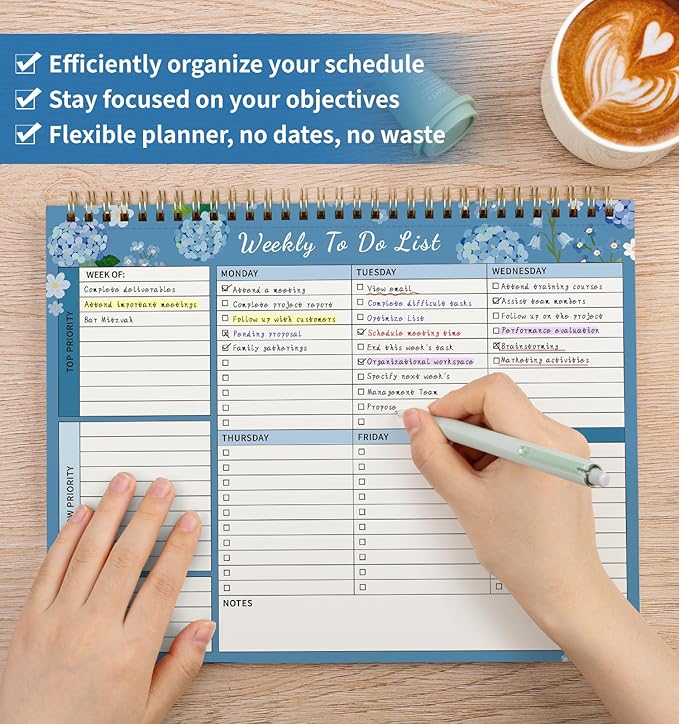 104 Pgs Weekly To Do List Notepad, 52 Duplex-Printed Undated Sheets 100 GSM（8.5"×11") Weekly Desk Planner For Work Home School Office Desk Accessories Supplies & Goal Setting Tasks -Blue Hydrangea