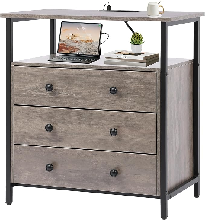 Edbuosy 3 Wooden Drawers Night Stand, 27 Inch Wide Nightstand with Charging Station and Adjustable Drawers, Small Dresser for Closet, Bedside Table for Living Room/Bedroom/Office, Gray.