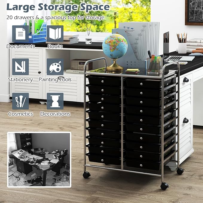 Happygrill 20-Drawer Organizer Cart Tools, Mobile Utility Storage Cart with Removable Drawers & Lockable Wheels, Rolling Storage Cart with wheels for Home Office School (Black)