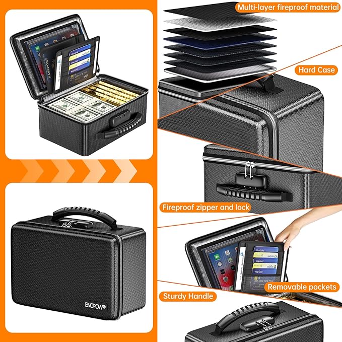 ENGPOW Fireproof Money Box, Small Hard Case Fireproof Box with Fireproof Zipper ＆ Lock, 6400°F Heat Insulated Fireproof Water Resistant Safe Box for Cash, A5 Document, Passport and More, Black