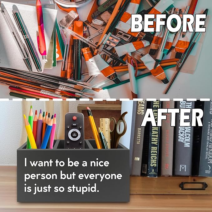 XPH Funny Pen Pencil Holder Organizer for Desk, Sarcastic Gifts for Women Men Coworkers, Office Humor Gifts, Funny Wooden Box Sign for Home Office Desk Tabletop Decorations