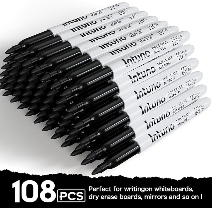 INTUNO Dry Erase Markers, 108 Count Black, Fine tip, Low-Odor, Perfect for Office, Teaching, Meeting, Presentation, Classroom, Home