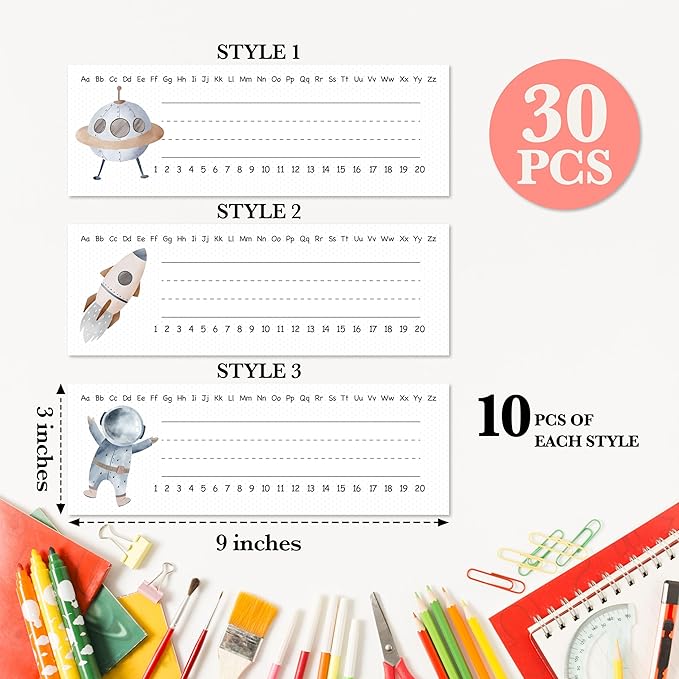 Space-Themed Students Name Tags (30 Pack) - Astronaut & Rocket Designs - Classroom Desk Decor