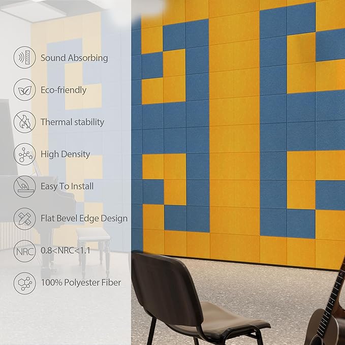Amantech 12 Pack Acoustic Panels Self Adhesive Sound Proof Foam, High Density Sound Acoustic Panel, 12X12X0.4 Inch Square Panels in Home, Office, Reccording Room, Studio,and more(Orange)