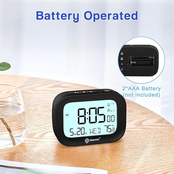 Geevon Small Travel Alarm Clock, Digital Alarm Clocks for Bedrooms Home Office, Battery Operated Desk Clock with 3 Inch Large Display, 2 Alarms, 5s Backlight, Snooze, Indoor Temperature, Black
