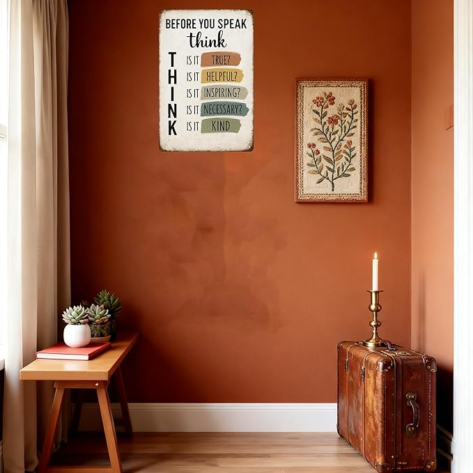 Before You Speak Think Metal Sign – Vintage Inspirational Quote Wall Decor for Classroom, Office, or Home – Motivational Gift for Teachers, Students, and Families (THINK-sign)