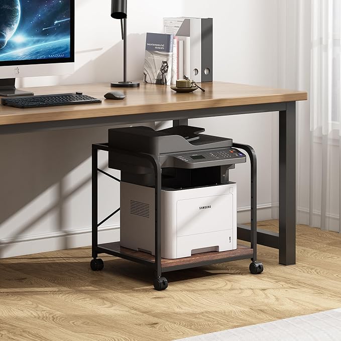 Fannova Under Desk Printer Stand, 20 Inches Deep Large Printer Table with Height Adjustable Storage Shelf, 2 Tier Rolling Printer Cart with Wheels for Home Office - Rustic Brown