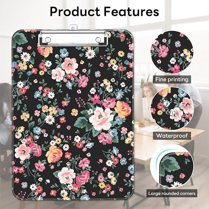 Luminzo Plastic Cute Clipboard Low-Profile Metal Clip, A4 Letter Size 9 x 12.5 in, 8.5 x 11 Paper Clip Board for Teachers, Nurses, Classroom,Vintage Flower