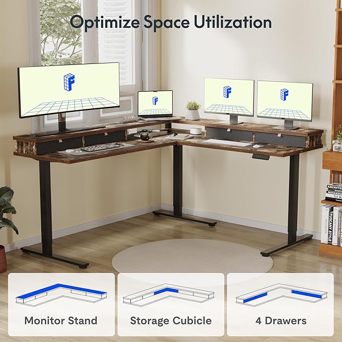 FLEXISPOT 71'' L Shaped Standing Desk Electric Corner Table with Shelf, 4 Storage Drawers, Adjustable Computer Workstation for Home, Office, Game, Studio, Rustic Brown Top + Black Frame