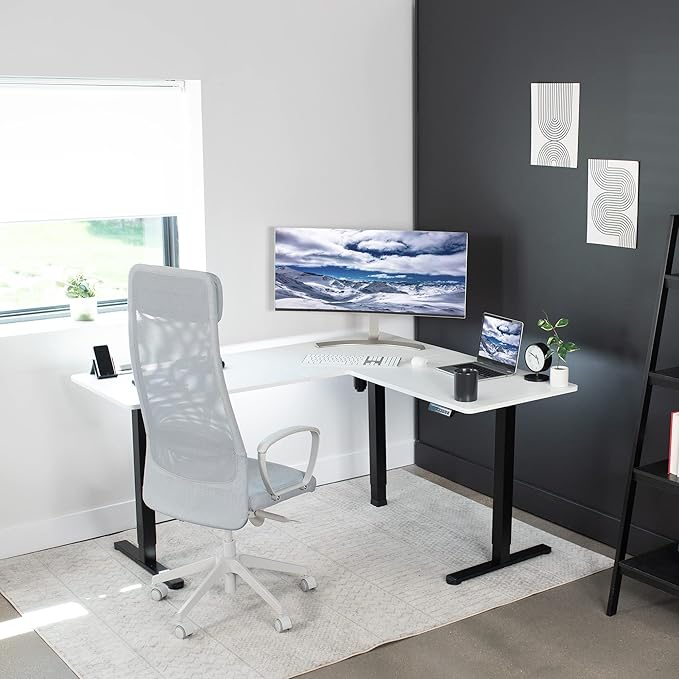 VIVO Electric Corner 63 x 55 inch L-Shaped Standing Desk, Memory Height Adjustment, White Top Black Frame, DESK-E3CTBW