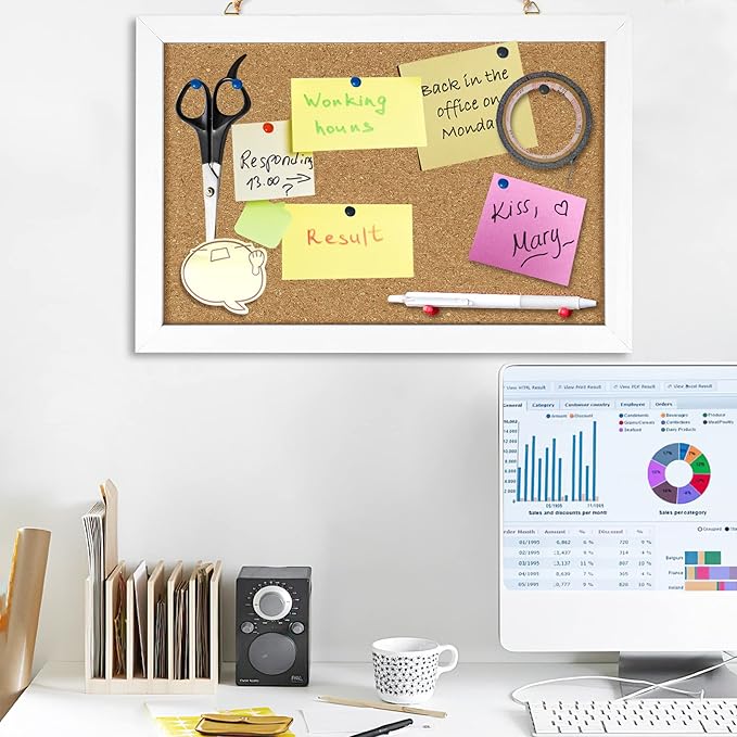 Cork Board Bulletin Board 12 x 7.8 Inches with Rectangle White Frame Hanging Pin for Walls Office Message Board or Vision Board Decoration