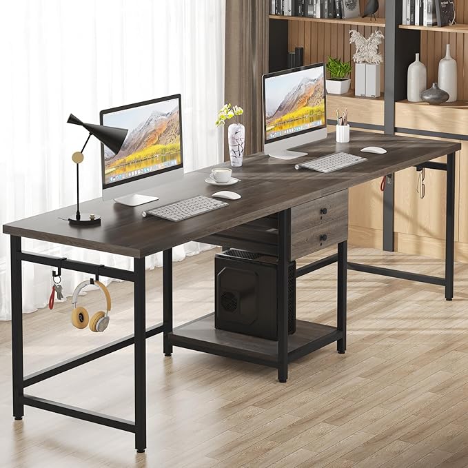 Tribesigns 79 Inch Extra Long Desk, Two Person Desk with 2 Drawers, Double Computer Table with Storage Shelves, Writing Table for Home Office, Grey