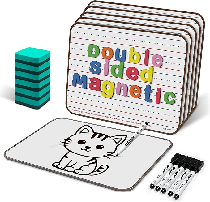 6 Pack Small White Boards, 9"x12" Double Sided Magnetic Dry Erase Boards Personal Handheld Whiteboards with Lines for Kids, Students, Teacher School, Include 6 Markers, 6 Erasers, 6X52 Pcs Letters