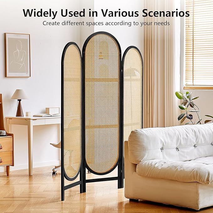 Asnefeli Room Divider 3 Panel, Hand-Woven Rattan Room Divider with Wooden Frame, Unique Design Foldable Privacy Screen, Portable Freestanding Partition Screen for Home Office, Bedroom, Black