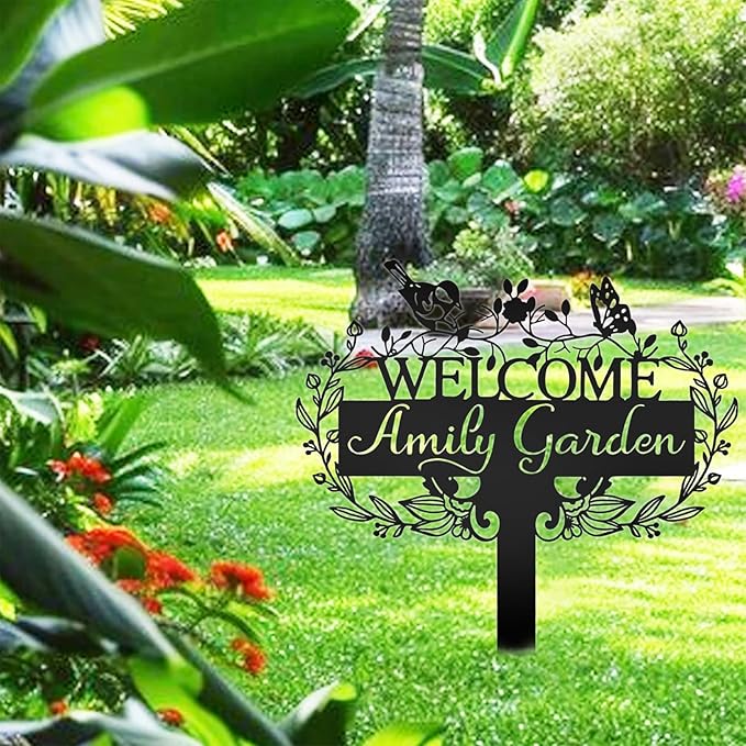 Custom Metal Garden Sign | Customized Butterfly Bird Garden Name Sign | Personalized Garden Signs | Metal Yard Sign Stakes | Personalized Metal Signs for Outdoors | Metal Signs Customized