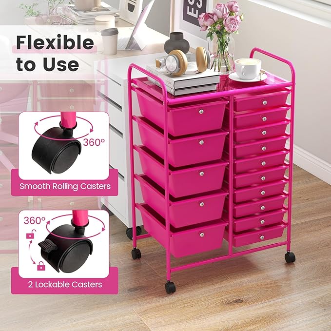 GOFLAME 15-Drawer Rolling Storage Cart, Craft Storage Cart with Removable Drawers & Lockable Wheels, Art Cart Supply Storage Organizer for Home Office Classroom, Hot Pink