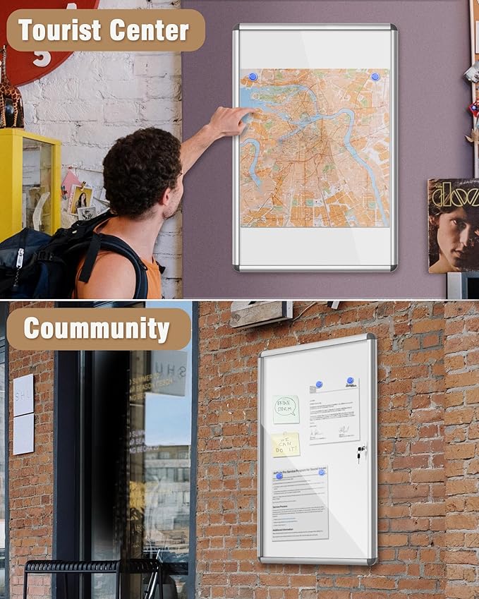 Mifuro 36"x24" Enclosed Bulletin Board, Lockable Weather-Resistant Aluminum Noticeboard for School & Office, Silver Frame w/Magentic Whiteboard