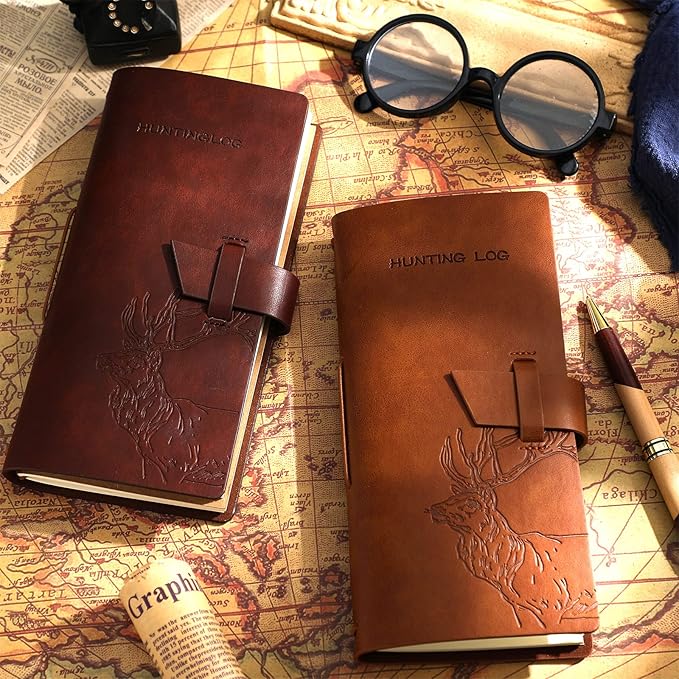 Eaasty 2 Pcs Leather Hunting Log Book Elk Hunting Journal Notebook for Men Designed for Huntsman to Record Hunt Details for Dad Husband Father's Day Birthday Gift, 96 Pages(Tan, Reddish Brown)