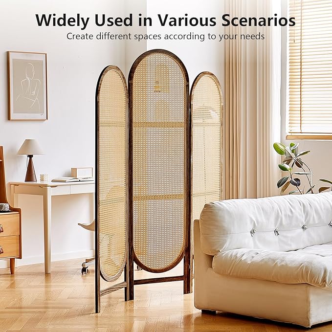 Asnefeli Wood Room Divider 3 Panels, Folding Rattan Room Divider Wall, Unique Design Folding Portable Partition Screen, Foldable Privacy Screen Wall Divider for Home Office Restaurant Bedroom (Brown)