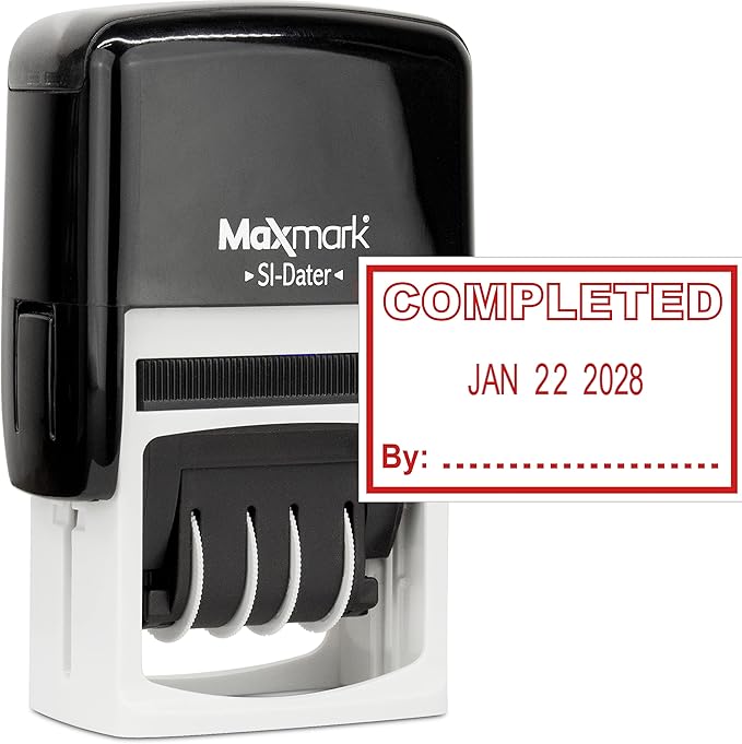 MaxMark Office Self Inking Date Stamp with Phrase Completed - Red Ink