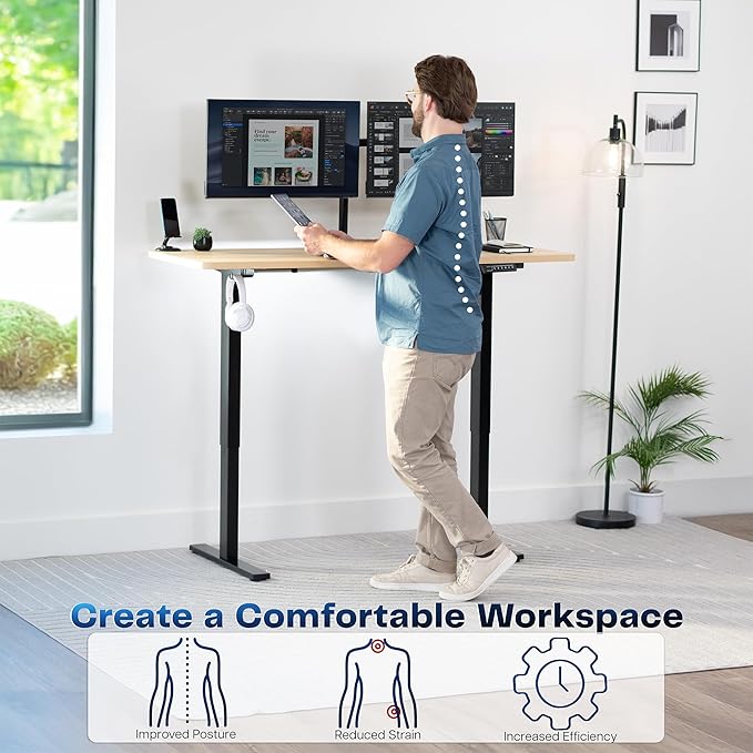 VIVO Electric 60 x 24 in Standing Desk, Memory Height Adjustment, 1B Series, Holds 220 lbs, One-Piece Light Wood Top, Black Frame, DESK-KIT-1B6C