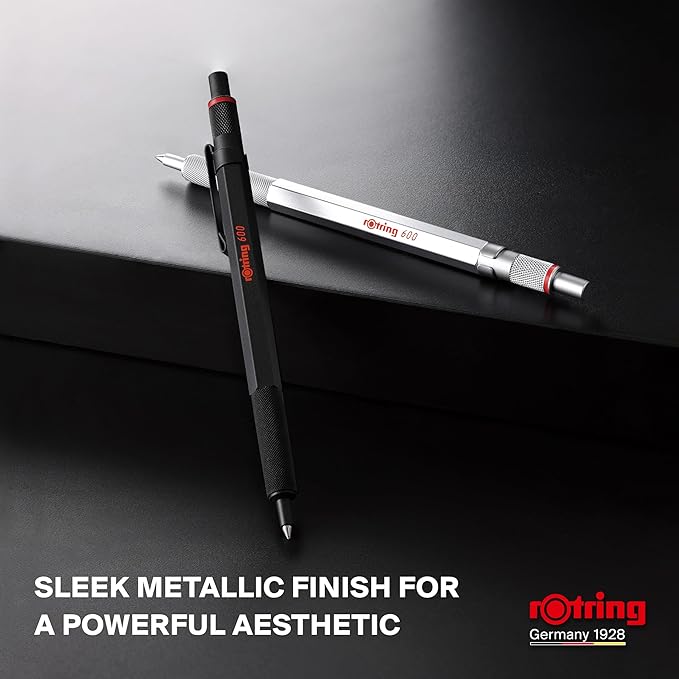 Rotring 600 Gel Pen | 0.55 mm | Black Ink | Silver Metal Body Pen | Non-Slip Knurled Grip & Hexagonal Barrel | Refillable