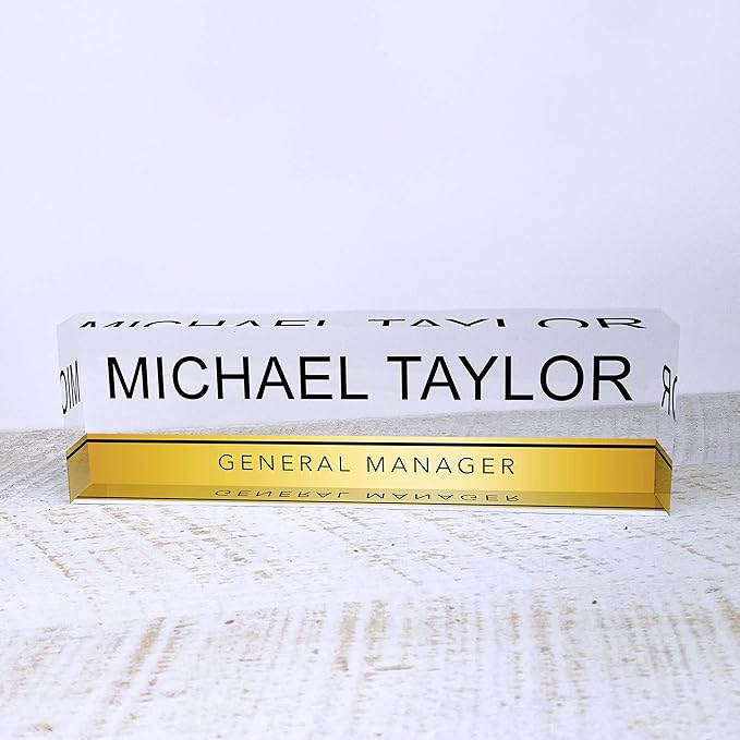 Artblox Personalized Office Desk Name Plate with Business Card Holder | Clear Acrylic Glass with Teak Wood Stand | Gold Stripe Design Customized with Your Name and Credentials Office Desk Décor