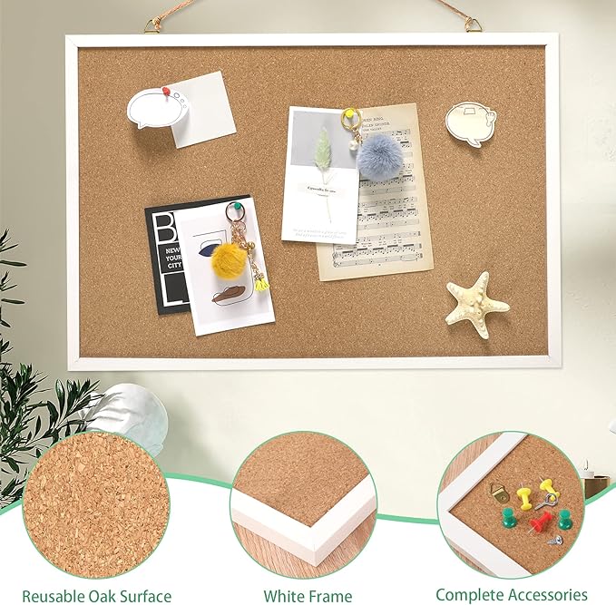 FEBSNOW Cork Board Bulletin Board 23 x 15.7 Inches with Rectangle White Frame Hanging Pin for Walls Office Message Board or Vision Board Decoration