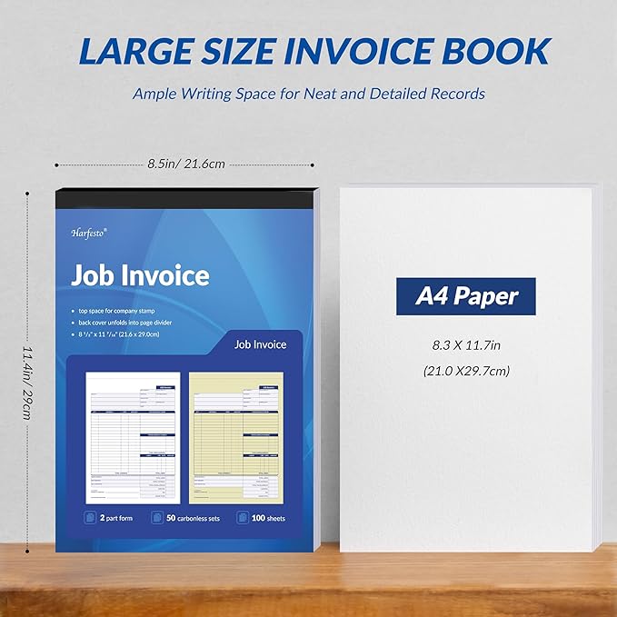 Harfesto Job Work Order Forms, Large Size Contractor Invoice Book 8-1/2" x 11-7/16", Invoice Receipt Book for Small Business, 2-Part Carbonless Forms, 200 Sets (4 Books)