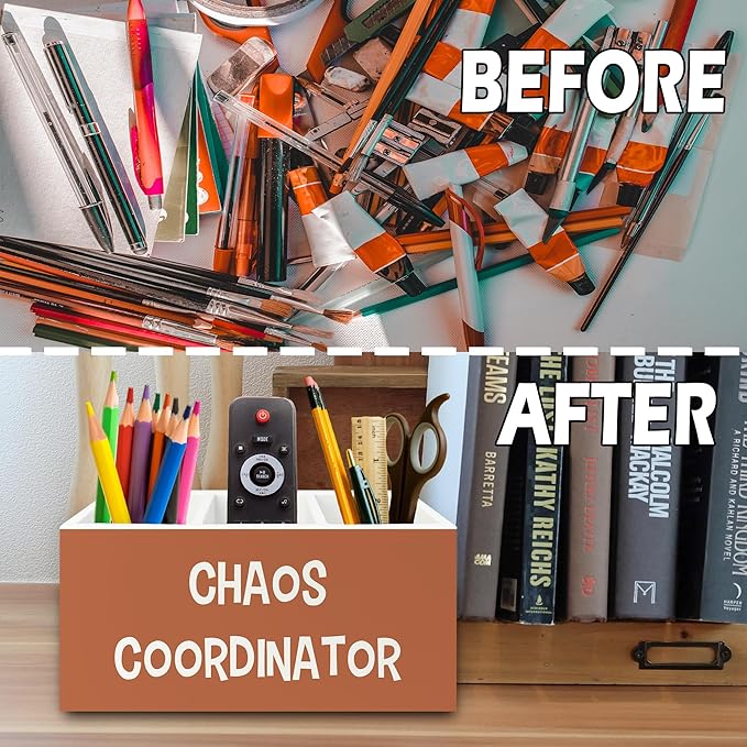 XPH Chaos Coordinator Orange Pen Pencil Holder Organizer for Desk, Thank You Gifts for Women Men Coworkers Boss Leader Manager, Appreciation Gifts Wooden Box Sign for Office Tabletop Decorations