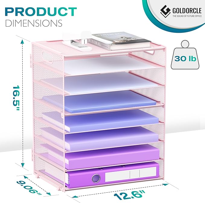 8 Tier Paper Letter Tray Organizer with Handles, Mesh Desk File Holder Storage Organization for Home School Classroom & Office (Pink)