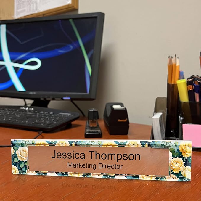 Signs ByLITA Floral Pattern Customized Nameplate | Golden Rose Personalized Full Color Acrylic Desk Sign