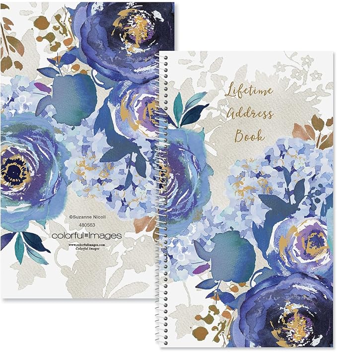 Current Blue Peacock Address Book - 94 Pages; Small 5" x 8-1/2" Size for Purse or Office, Spiral Bound Soft Cover Organizer for Contacts, Addresses, Email, & Phone Numbers + 50 Replacement Stickers