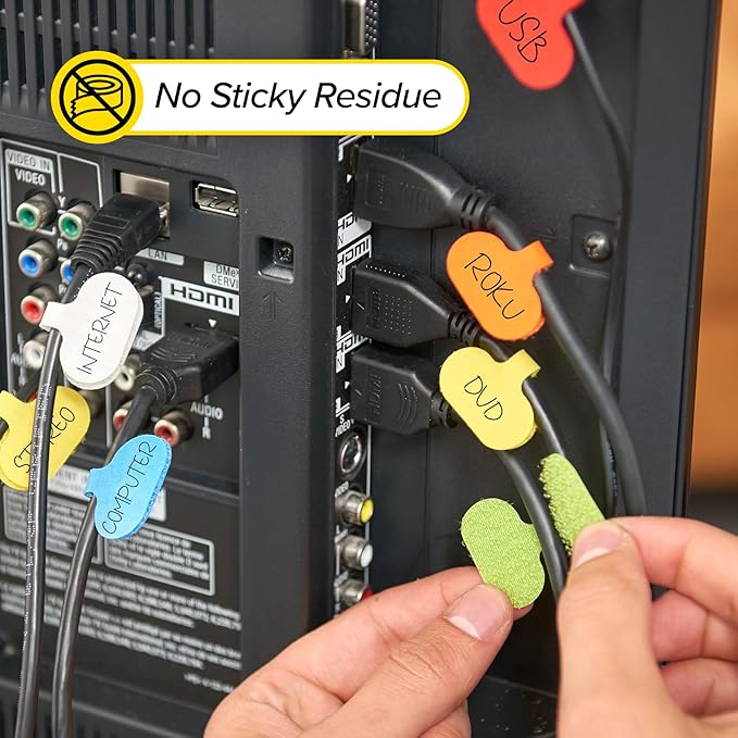 Wrap-It Storage - Cable Labels - Oval, Multi-Color (36 Pack) - Write-On Wire Tags for Cord Identification with Power Strips Behind Desks and TVs