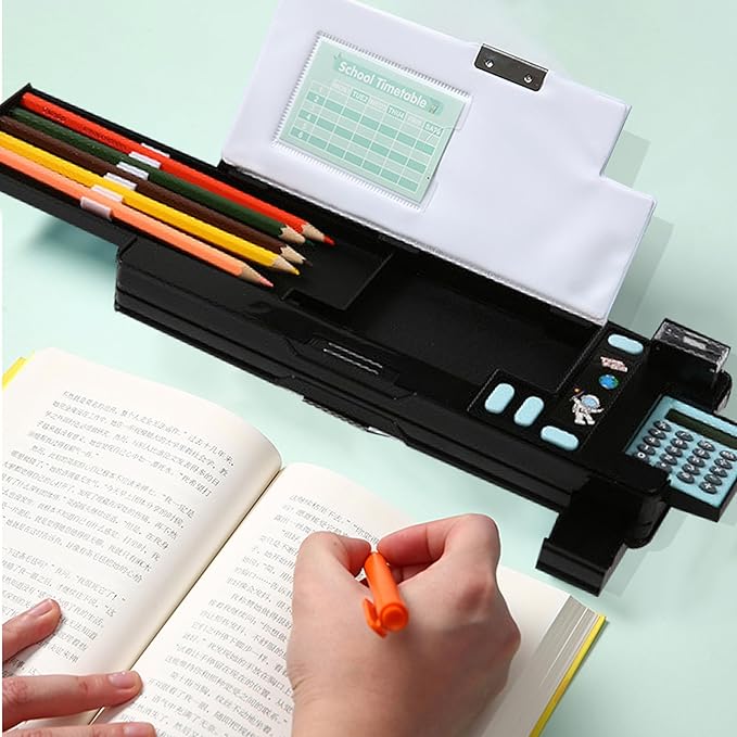 Pop Up Multifunction Pencil Case, Cute Cartoon Pen Box Organizer Stationery with Calculators, Sharpener, Schedule, School Supplies, Best Birthday Gifts for Kids Teens (Black)