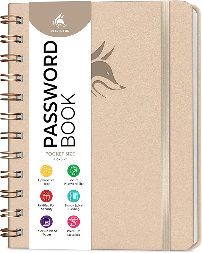 Clever Fox Password Book Spiral – Mini Internet Address & Password Organizer with Laminated Alphabetical Tabs – Small Password Keeper Journal – Hardcover, Pocket Size, 4.7x5.7” (Seashell)