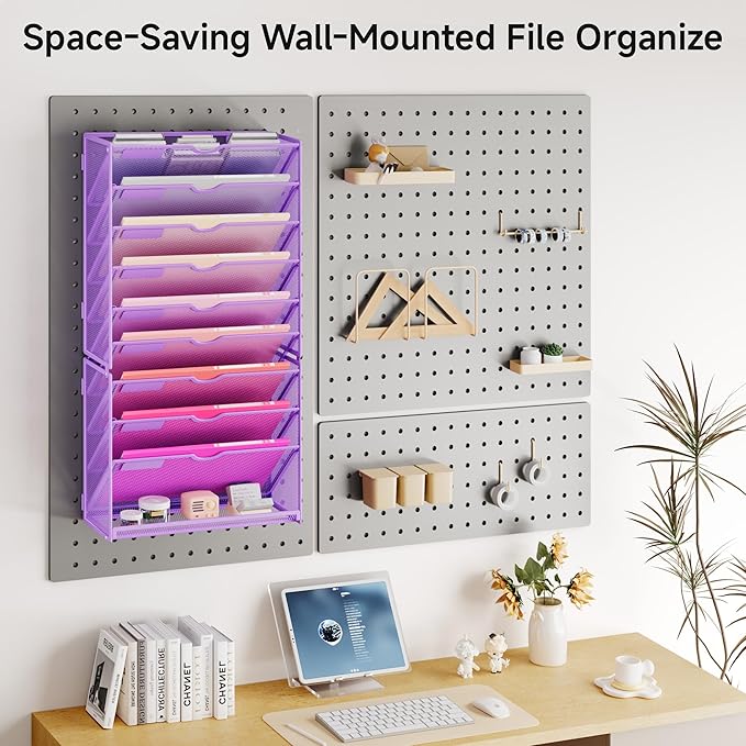 Lavatino Hanging Wall File Folders Organizer - 10-Tier Purple Metal Mesh Paper Magazine Document Mail Holder File Organizer for Office School Home Wall Mount or Desk Supplies Organization