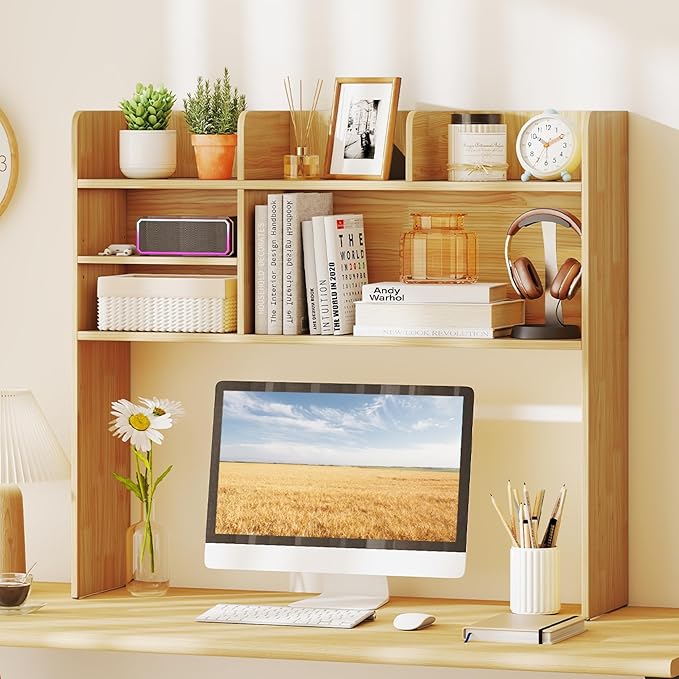 Tangkula Desktop Bookshelf for Computer Up to 32”, 37” Countertop Storage Hutch with 6 Storage Shelves, 3-Tier Desktop Organizer Display Rack, Wooden Desk Hutch for Dorm Home Office (Burlywood)