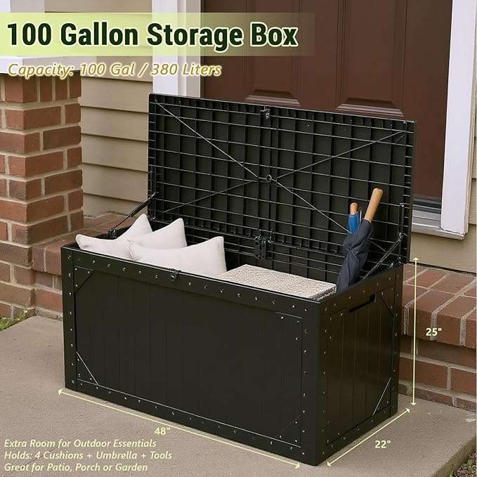 PATIOEASY Outdoor Storage Box 100GAL Waterproof Resin Deck Box,UV-Resistant Lockable Package Delivery Bin for Garden Tools,Large Patio Outside Cushions,Pool Accessories Supplies,Chest,Furniture,Brack