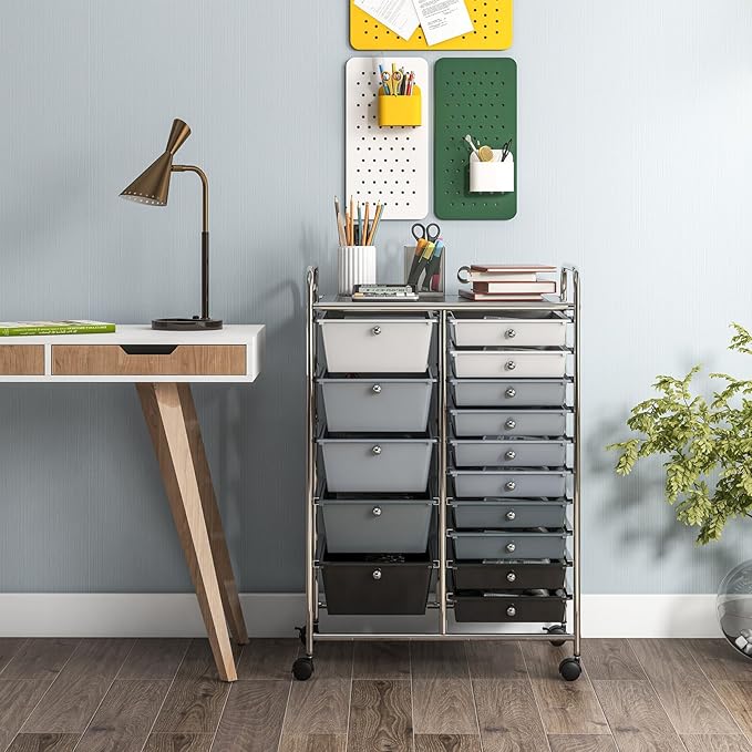 GOFLAME 15-Drawer Rolling Storage Cart, Craft Storage Cart with Removable Drawers & Lockable Wheels, Art Cart Supply Storage Organizer for Home Office Classroom, Gray Gradient