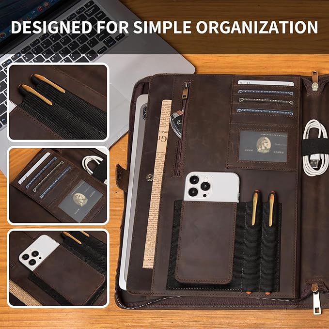 Geslun Personalized Genuine Leather Portfolio, Legal Size 8.5 x 14 Pad Holder, Custom Engraved Business Padfolio for Men Women, Zippered 14" Laptop Organizer, Professional Notepad Folio, Dark Khaki