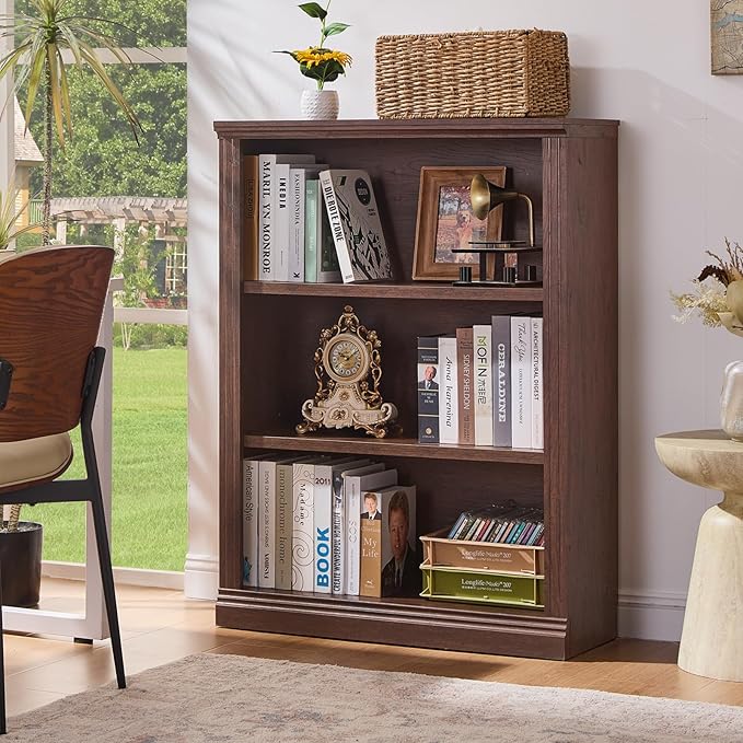 RWYHG 43" Walnut Tall Bookshelf Set of 3,3-Tier Thick Wooden Book Shelf with Adjustable Shelves,Free Standing Farmhouse Bookcase with Open Display Storage,Floor Vintage Bookshelves for Living Room