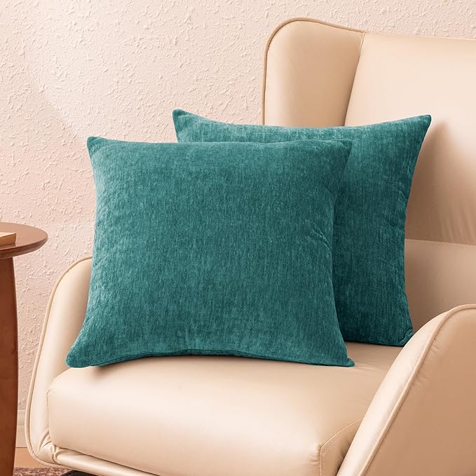 Amazon Basics Chenille Throw Pillow Covers, Home Decor Cushion Cover for Bedroom Living Room Couch Bed, 20" W × 20" L, Deep Teal