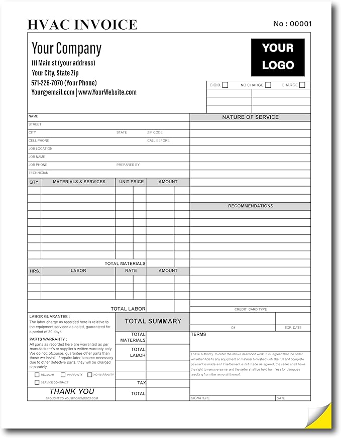 HVAC Work Order Invoice Custom Printed with Your Company Information – Heating & Airconditioning AC Service Repair Agreement – 2 Part NCR Form