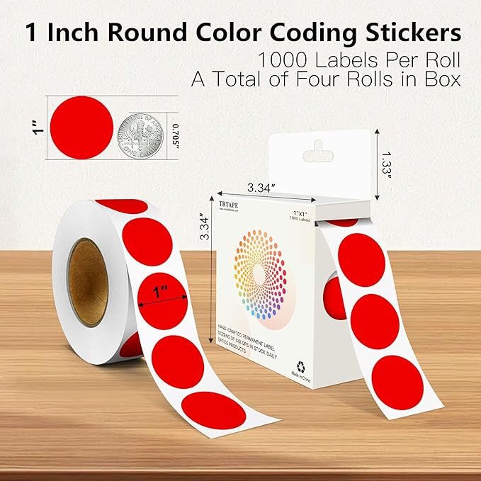 Red 1 Inch Round Color Coding Labels with 4000 Dots, 4 Rolls - Bright Color Dot Stickers for File Folders, Inventory System - Highly Visible