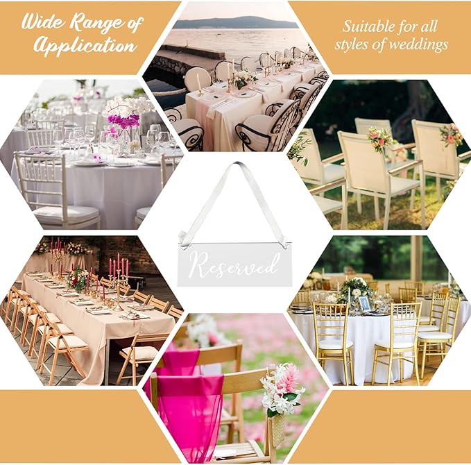 Yookeer 6 Pieces Reserved Signs for Wedding Chairs with a Roll of Ribbon Acrylic Reserved Table Signs for Wedding Important Events Church Pews Chair and Restaurant(White)