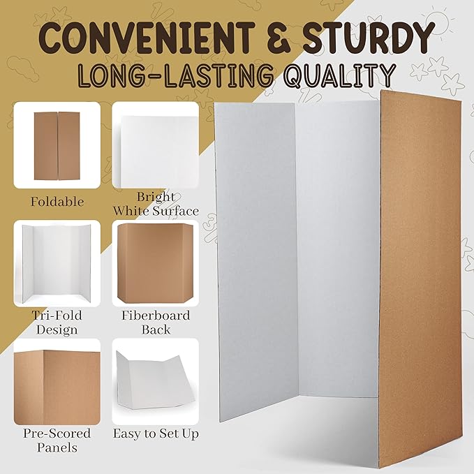 Trifold Poster Board 36" x 48" White Presentation Board - Self-Adhesive Science Subtitles Included - Science Fair Display Boards, for School, Fun Projects and Business Presentations - by Emraw