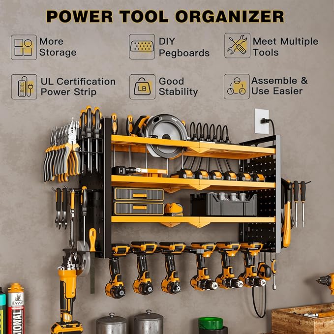 NattyDot Power Tool Organizer Wall Mount with Charging Station 4 Layer 6 Slot Cordless Drill Holder with Angle Grinder Holder (Yellow)