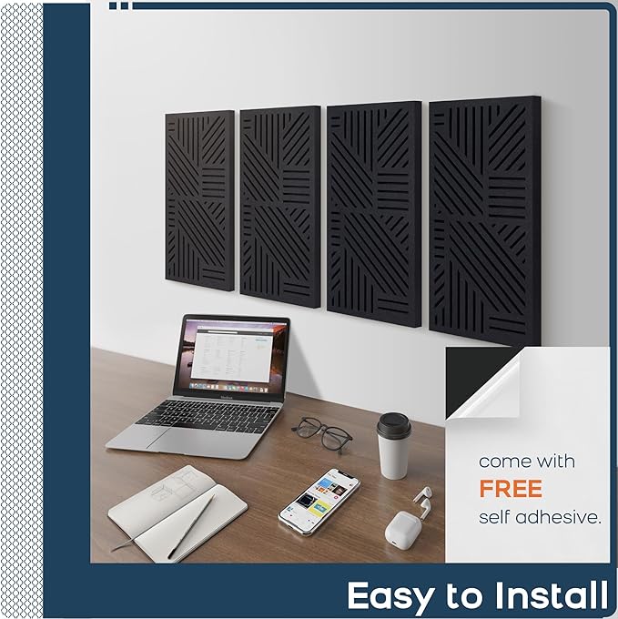 BUBOS 4 PACK Thickened Acoustic Panels, 23.6''x11.8'' Self-Adhesive Sound Absorbing Cavity Acoustic Wall Panels for Theater Studio Room Recording Room Gaming Room Meeting Rooms,VortexCore Black