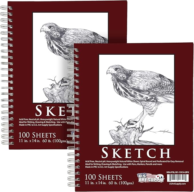 U.S. Art Supply 11"x14" Sketch Book Pad, 2 Pack (100 Sheets Each), 60lb (100gsm) Spiral Bound - Sketching, Drawing Pad, Acid-Free Paper - Sketch Pads for Adults, Students: Colored Pencils, Charcoal